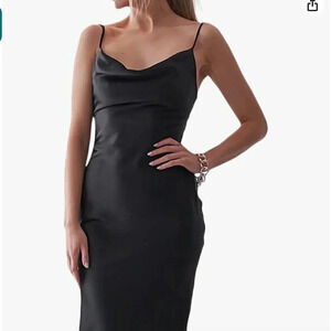 Women's Satin Cocktail Dress Black | Black Satin Dress | Spaghetti Strap Dress